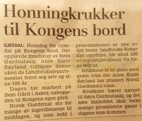 Avisutklipp: «Honningkrukker til Kongens bord» – honning frå Søya på Kongens bord