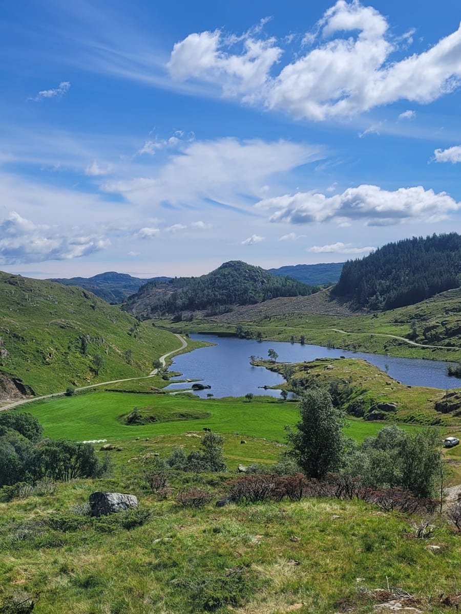 Das Tal bei Søya Gard im Sommer, mit dem See, grünen Feldern und bewaldeten Hügeln